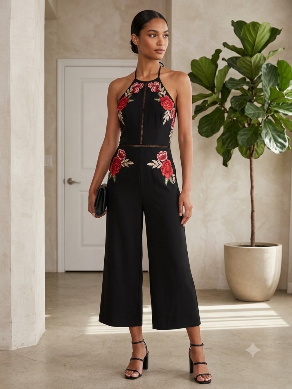 Black Jumpsuit with Red Floral Embroidery